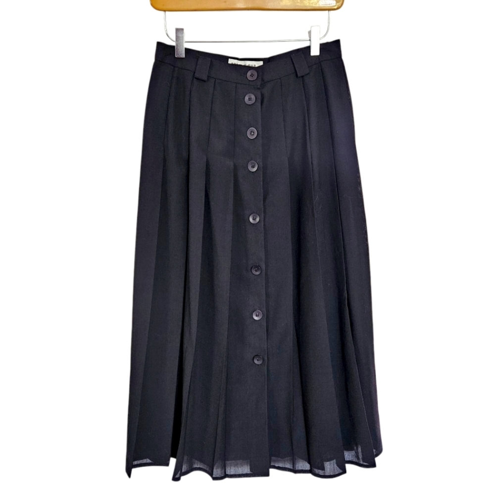 Vintage Hirsch Black Pleated‎ Wool Midi Skirt